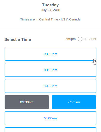 Choosing a time to schedule meeting in Calendly